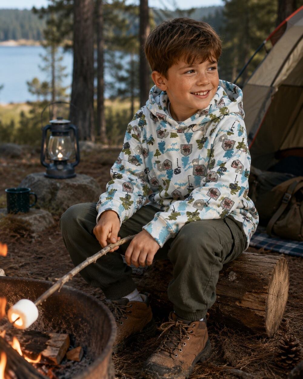 Hanna Andersson Boys Pullover Long Sleeve Cotton‎ Hoodie Camping Nature Size 8